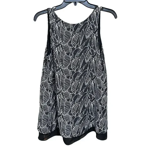 LOFT Tank Top Womens Size S Black White Leaf Print Sleeveless Blouse Layered Hem - Picture 2 of 7